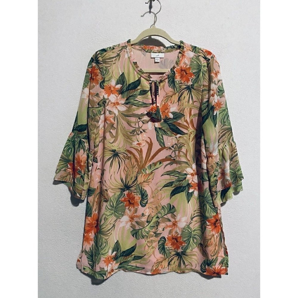J Jill Top Womens Small Floral Ruffle 3/4 Sleeve Tunic Tassel Tie Neck Boho